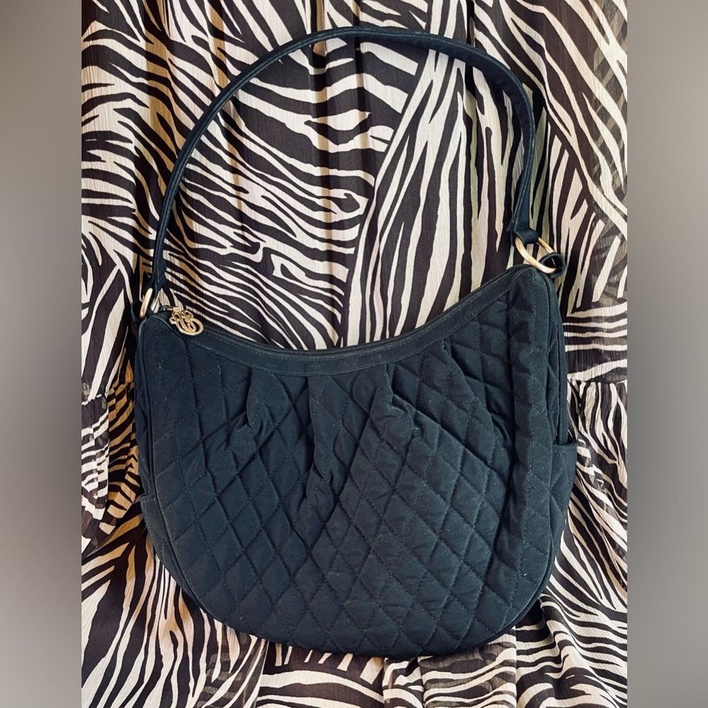 Authentic Vera Bradley Black Quilted Gold Metal Handbag Hobo Style Purse